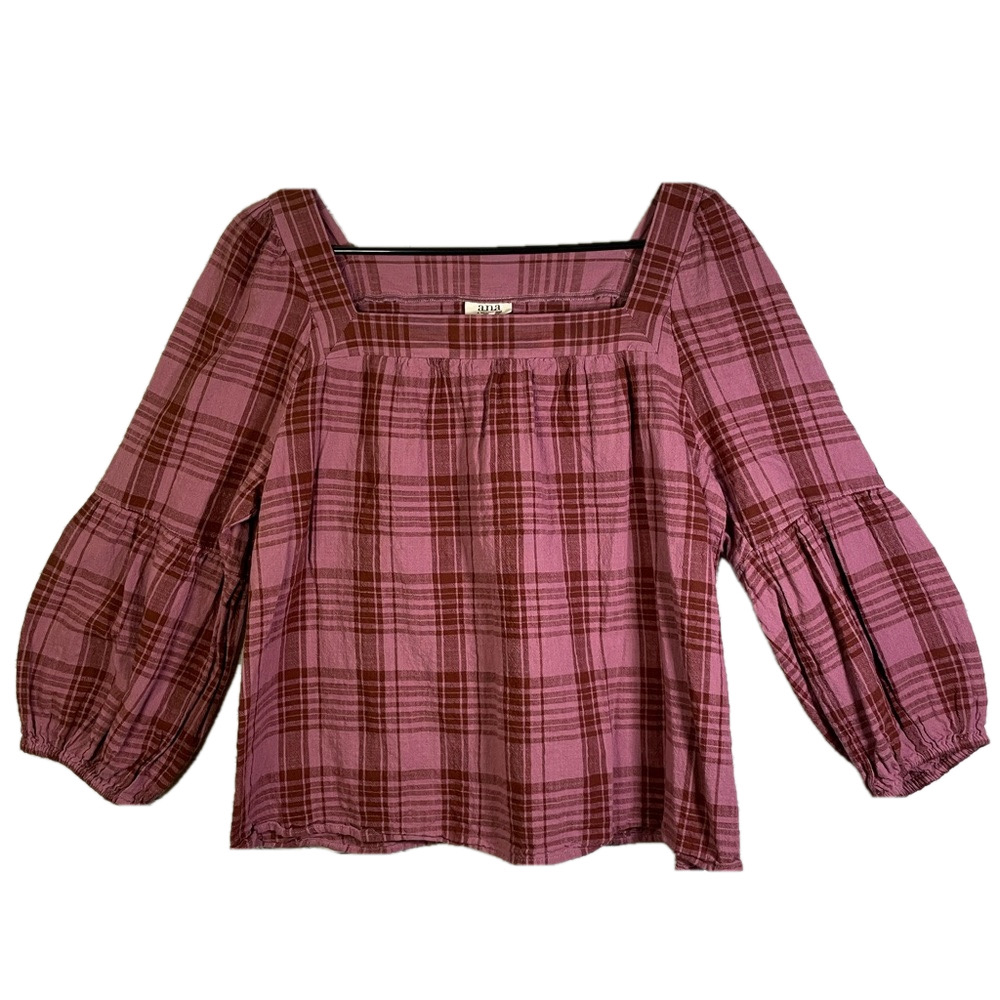 A.N.A Pink Plaid Square Neck Top Size Large